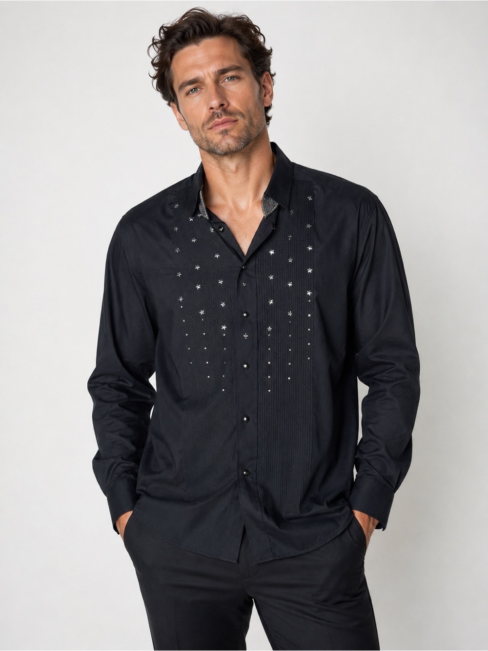 Men's Black Star Embellished Tuxedo Long-Sleeve Shirt- XL